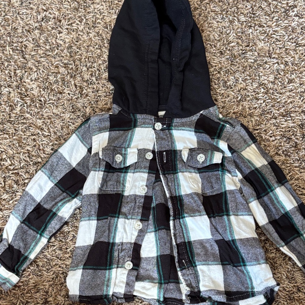 Wonder Nation Black and White Plaid Button Down Shirt with Hood
